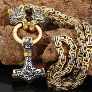 Viking Wolf Head Stainless Steel Necklace with Norse Pendant (Self Defense)